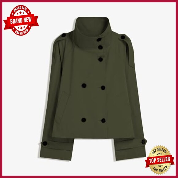 Cropped Trench Coat Double Breasted Belted Jacket Fall Winter Outerwear - Picture 5 of 6